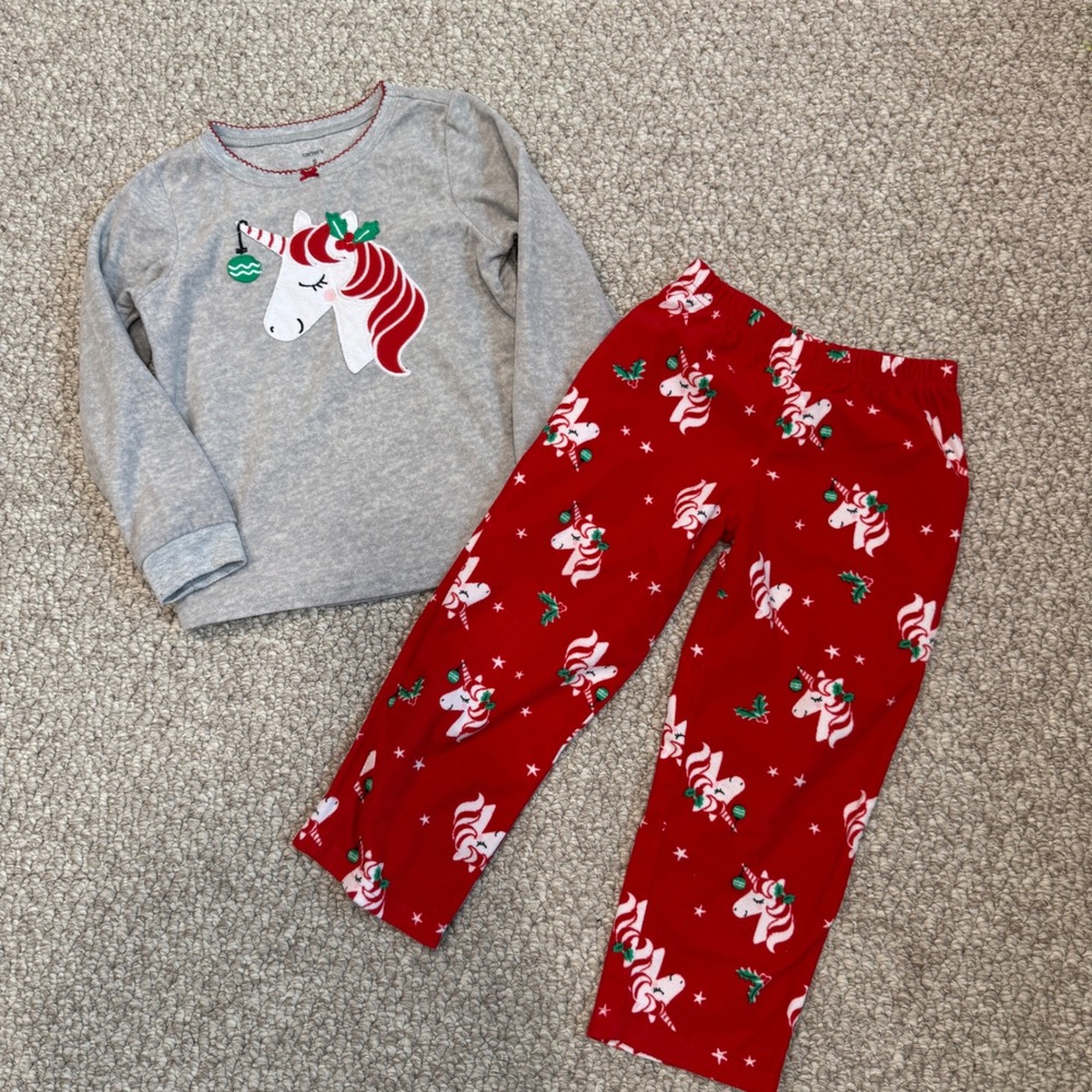 Carters Girls Christmas Unicorn Fleece Pajama Set Gray Red Size 5 Holiday PJ